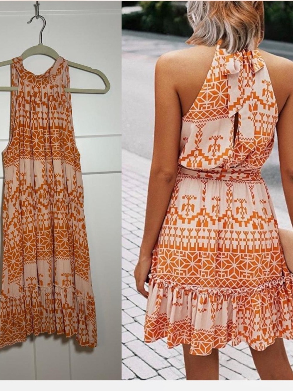 BTFBM Sleeveless Orange Patterned Halter Dress boho Aztec